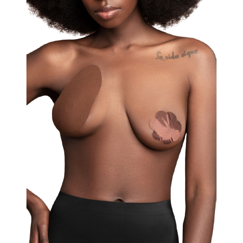 BYE-BRA - GALBE-SEINS + 3 PAIRES DE CACHES-TÉTONS EN SATIN MARRON BONNET D/F