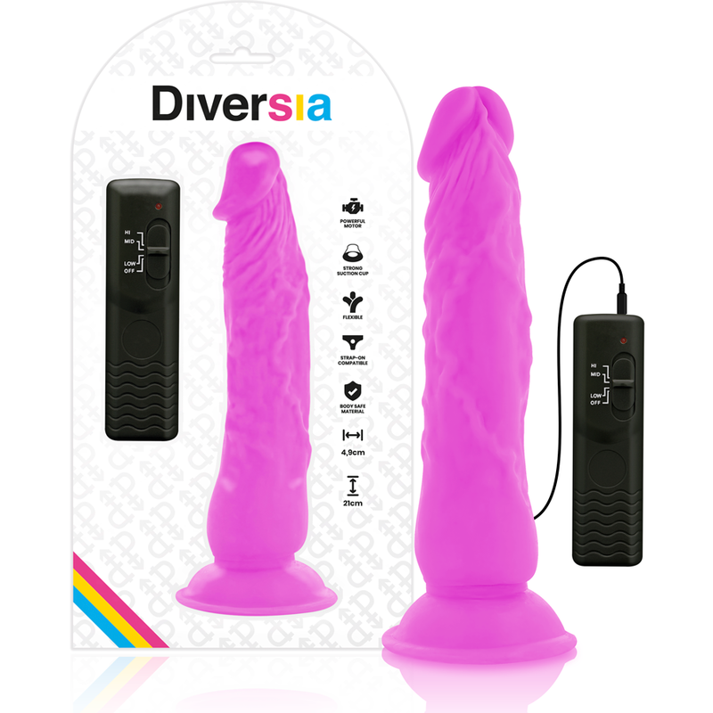 DIVERSIA - REALISTIC FLEXIBLE VIBRATING DILDO, LILAC, 21 CM - OR - 4.9 CM