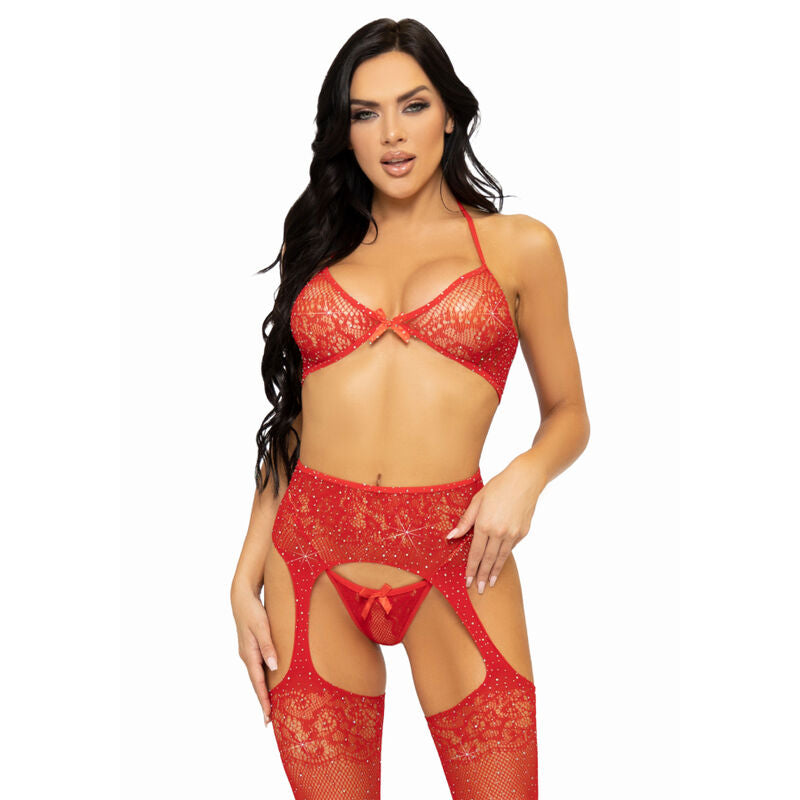 LEG AVENUE - THREE-PIECE SET: BRA, THONG, AND STOCKINGS - ONE SIZE - RED
