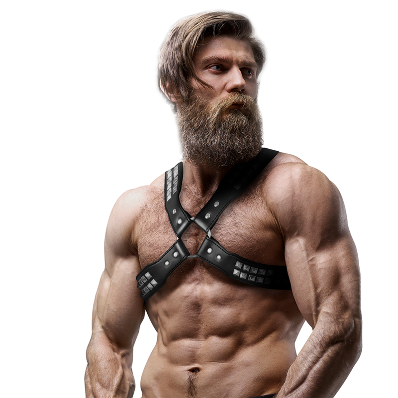 FETISH SUBMISSIVE ATTITUDE - MEN'S ECO-LEATHER CROSS-CHEST HARNESS WITH RIVETS