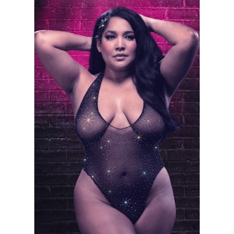 CALEXOTICS - RADIANCE DEEP V-NECK BODYSUIT WITH RHINESTONES PLUS SIZE