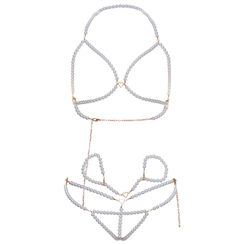 LEG AVENUE - BRA, WRISTBANDS & PEARL THONG SET