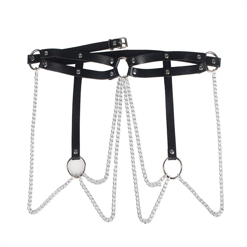 SUBBLIME - CEINTURE CHAÎNES ANNEAUX CUIR NOIR TAILLE UNIQUE