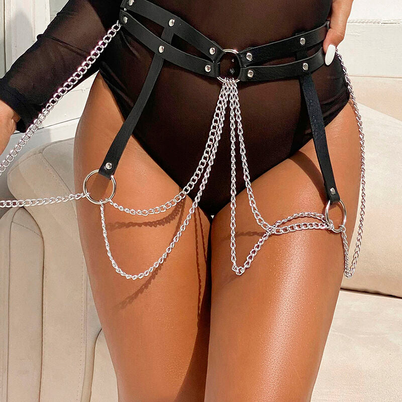 SUBBLIME - CEINTURE CHAÎNES ANNEAUX CUIR NOIR TAILLE UNIQUE