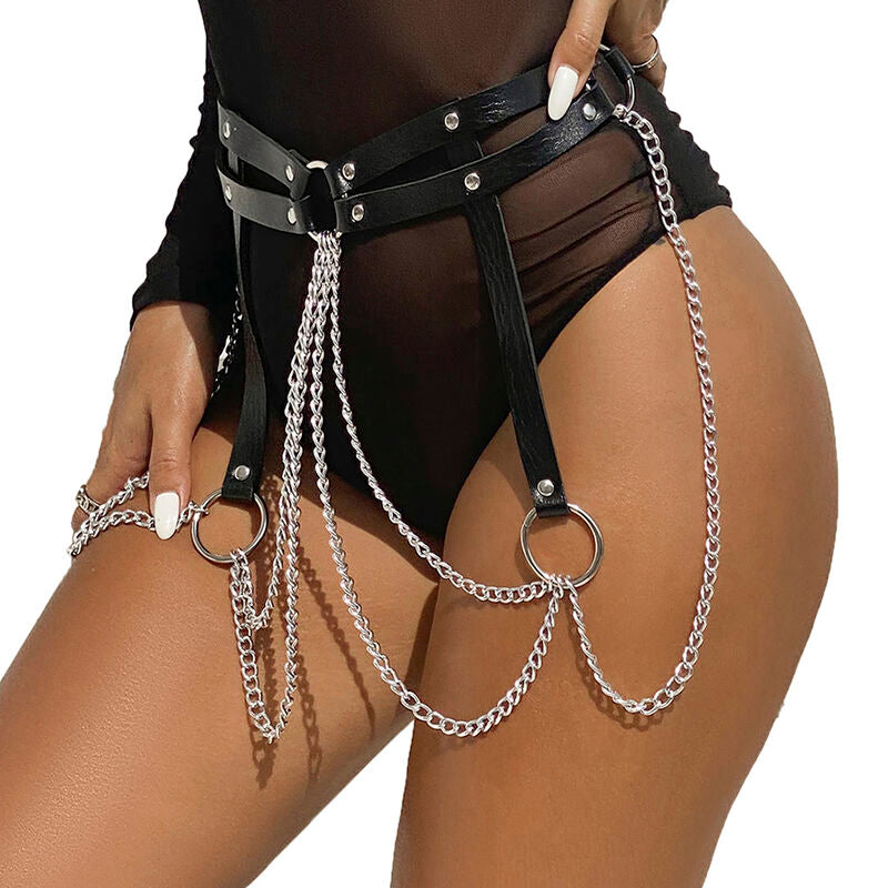 SUBBLIME - CEINTURE CHAÎNES ANNEAUX CUIR NOIR TAILLE UNIQUE
