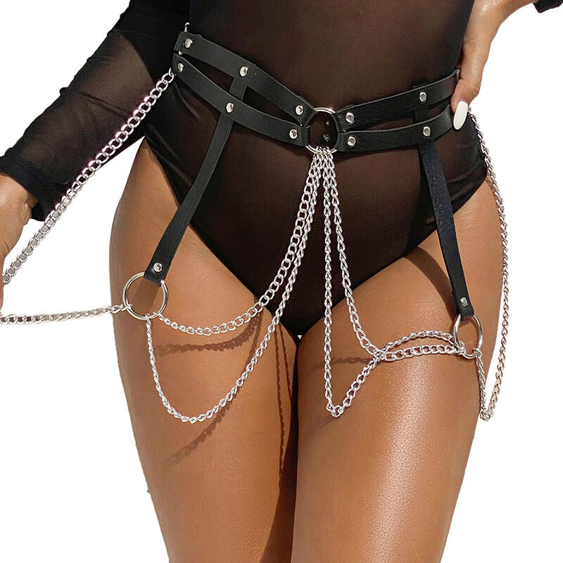 SUBBLIME - CEINTURE CHAÎNES ANNEAUX CUIR NOIR TAILLE UNIQUE