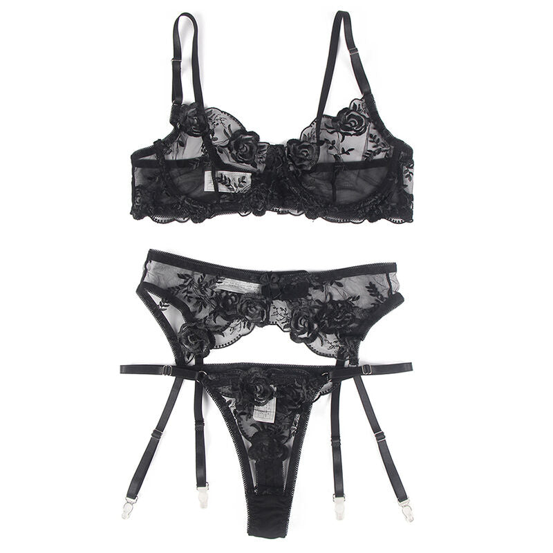 SUBBLIME - ENSEMBLE 3 PIÈCES SOUTIEN-GORGE + TANGA + PORTE-JARRETELLES IMPRIMÉ FLORAL NOIR S/M