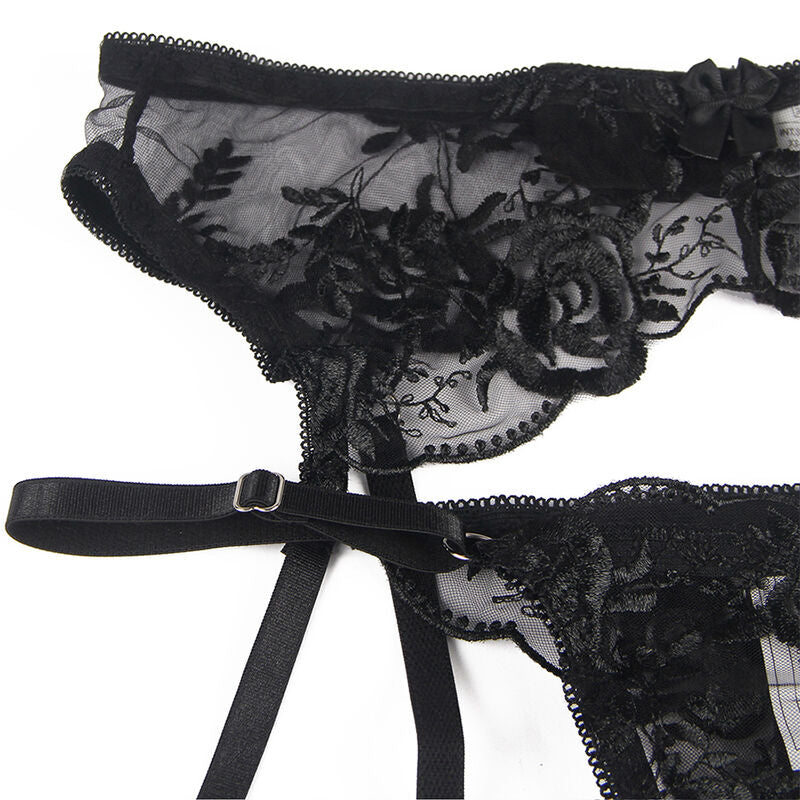 SUBBLIME - ENSEMBLE 3 PIÈCES SOUTIEN-GORGE + TANGA + PORTE-JARRETELLES IMPRIMÉ FLORAL NOIR S/M