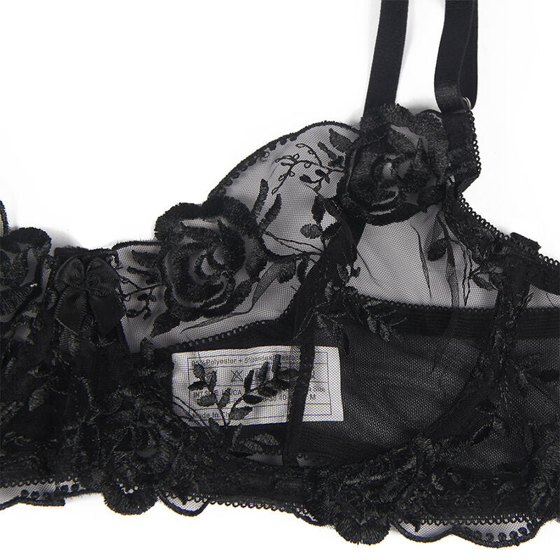 SUBBLIME - ENSEMBLE 3 PIÈCES SOUTIEN-GORGE + TANGA + PORTE-JARRETELLES IMPRIMÉ FLORAL NOIR S/M