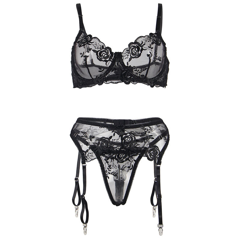 SUBBLIME - ENSEMBLE 3 PIÈCES SOUTIEN-GORGE + TANGA + PORTE-JARRETELLES IMPRIMÉ FLORAL NOIR S/M