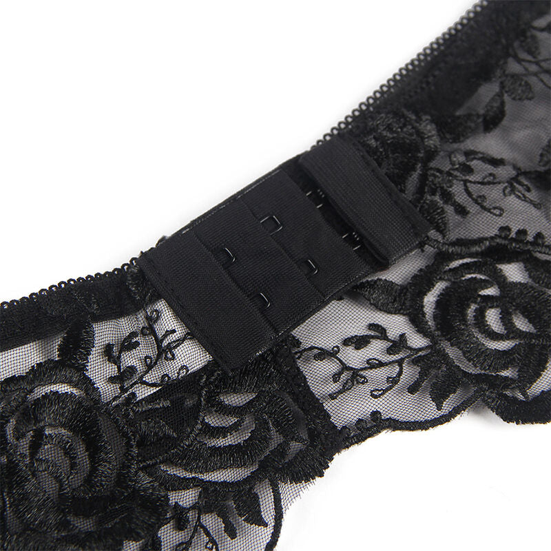 SUBBLIME - ENSEMBLE 3 PIÈCES SOUTIEN-GORGE + TANGA + PORTE-JARRETELLES IMPRIMÉ FLORAL NOIR S/M