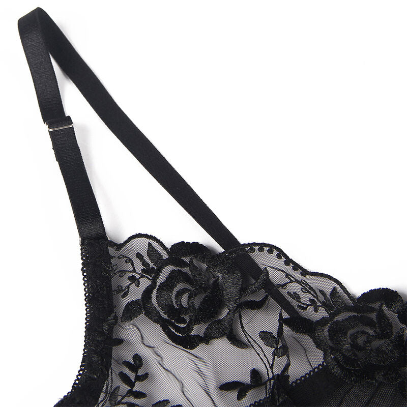 SUBBLIME - ENSEMBLE 3 PIÈCES SOUTIEN-GORGE + TANGA + PORTE-JARRETELLES IMPRIMÉ FLORAL NOIR S/M