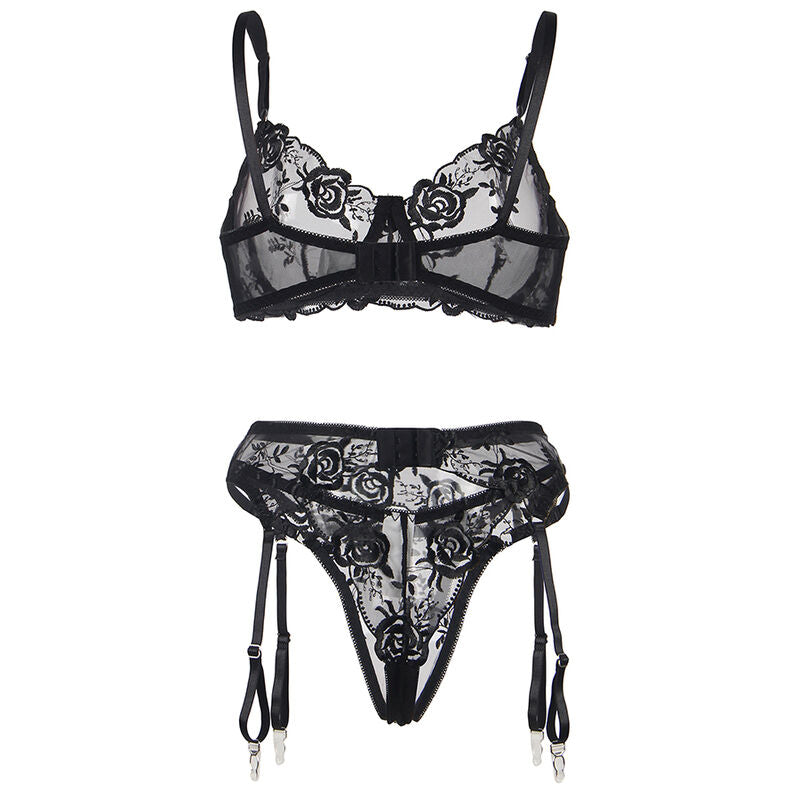 SUBBLIME - ENSEMBLE 3 PIÈCES SOUTIEN-GORGE + TANGA + PORTE-JARRETELLES IMPRIMÉ FLORAL NOIR S/M