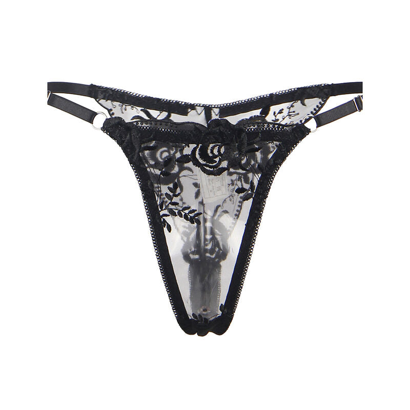 SUBBLIME - ENSEMBLE 3 PIÈCES SOUTIEN-GORGE + TANGA + PORTE-JARRETELLES IMPRIMÉ FLORAL NOIR S/M