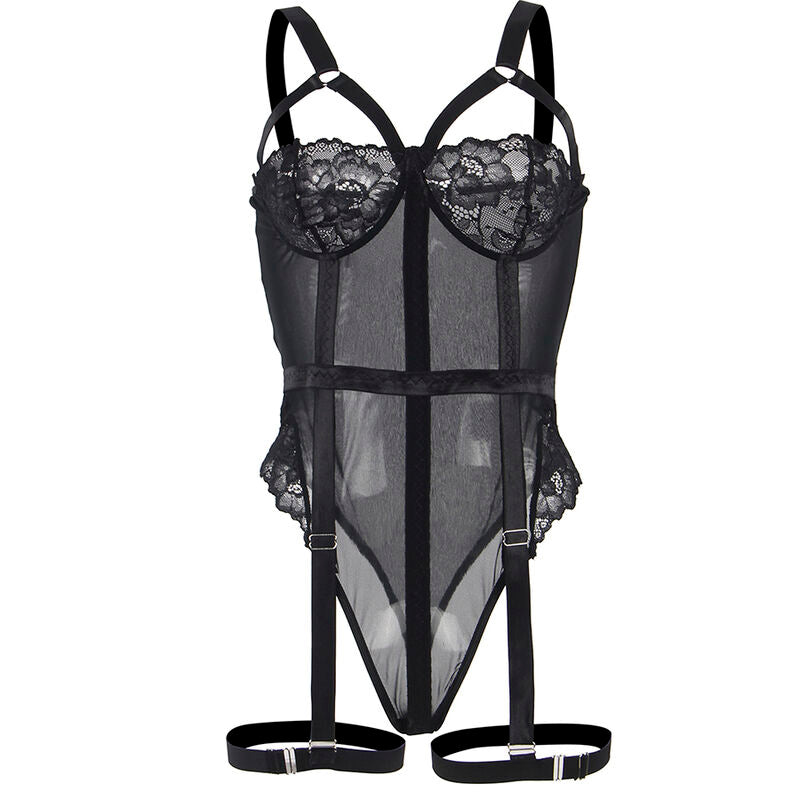 SUBBLIME - TEDDY AVEC PORTE-JARRETELLES DÉTAIL BANDES POITRINE NOIR L/XL