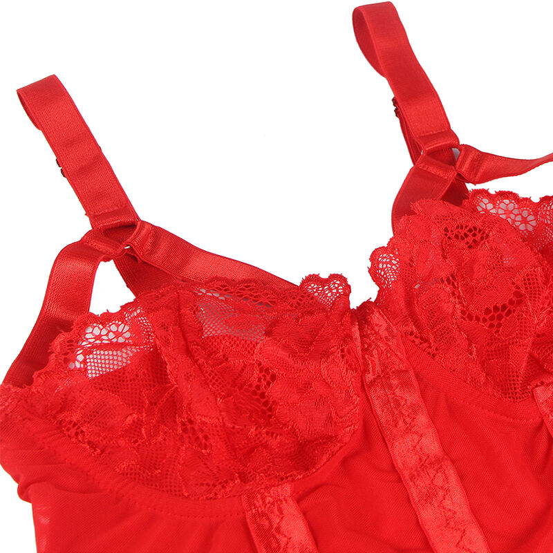 SUBBLIME - TEDDY WITH GARTER DETAIL, RED CHEST STRAP, S/M