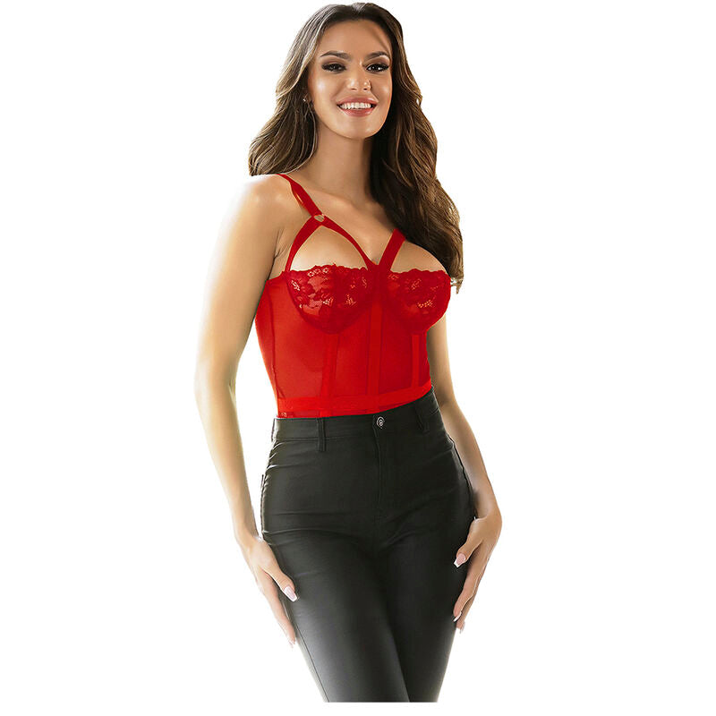 SUBBLIME - TEDDY WITH GARTER DETAIL, RED CHEST STRAP, S/M
