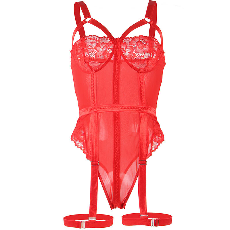 SUBBLIME - TEDDY WITH GARTER DETAIL, RED CHEST STRAP, S/M