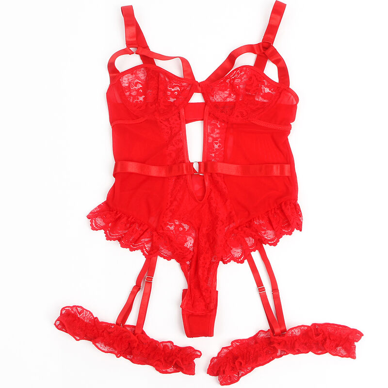 SUBBLIME - TEDDY AVEC JARRETELLES DÉTAIL DENTELLE ET SANGLES ROUGE L/XL