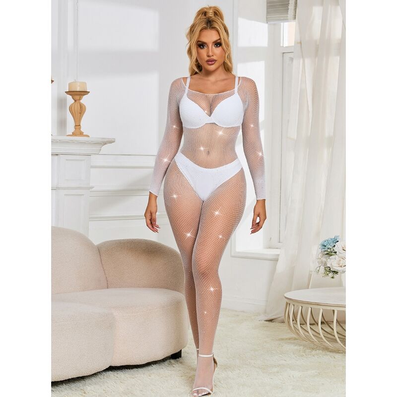 SUBBLIME - 952396 BODYSTOCKING FILET AVEC DIAMANTS MANCHES LONGUES BLANC TAILLE UNIQUE
