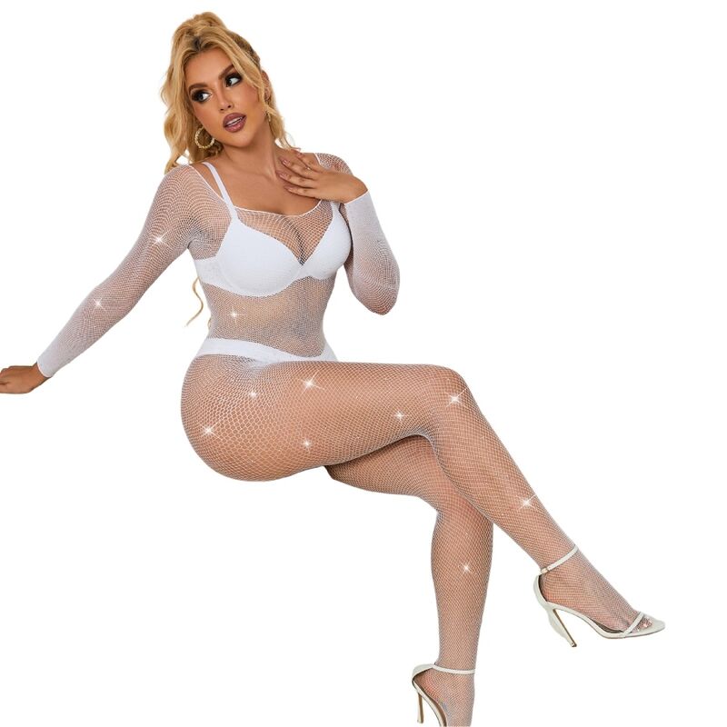 SUBBLIME - 952396 BODYSTOCKING FILET AVEC DIAMANTS MANCHES LONGUES BLANC TAILLE UNIQUE