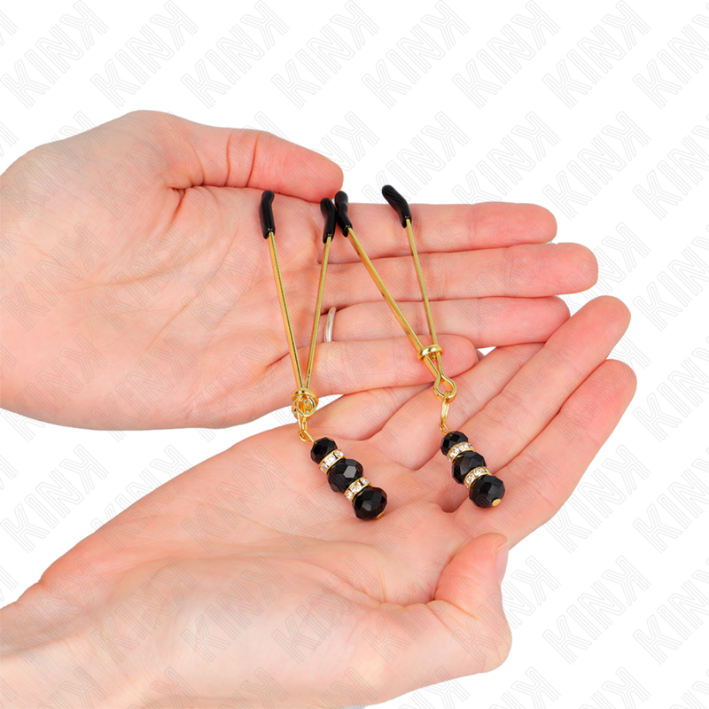KINK - PINCES À TÉTONS DORÉES FINES AVEC TRIPLE BOULE DE VERRE NOIR 7 CM