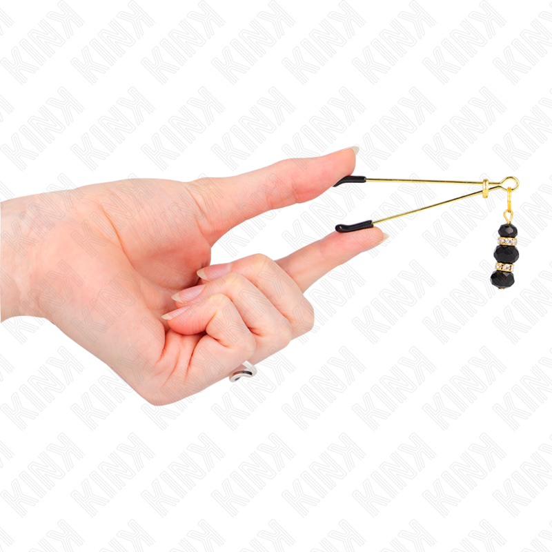 KINK - PINCES À TÉTONS DORÉES FINES AVEC TRIPLE BOULE DE VERRE NOIR 7 CM