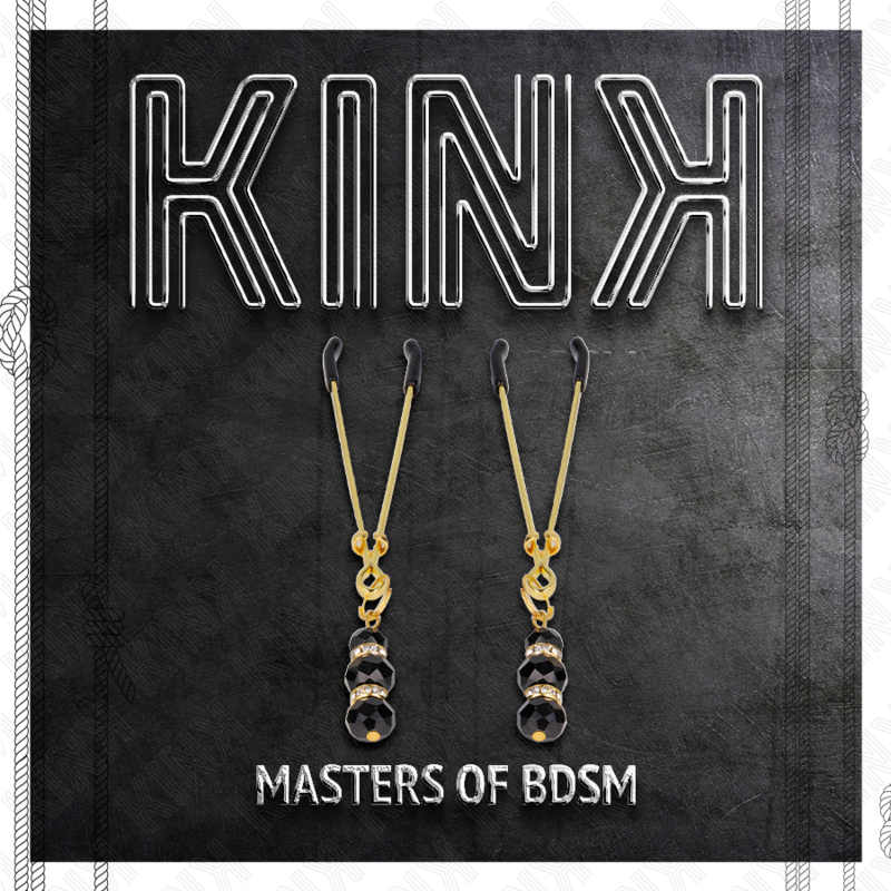 KINK - PINCES À TÉTONS DORÉES FINES AVEC TRIPLE BOULE DE VERRE NOIR 7 CM