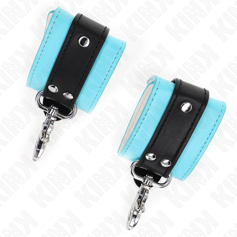 KINK - MENOTTES DE POIGNET EN CUIR PREMIUM NOIR / BLEU RÉGLABLE 21-28 CM X 5.5 CM
