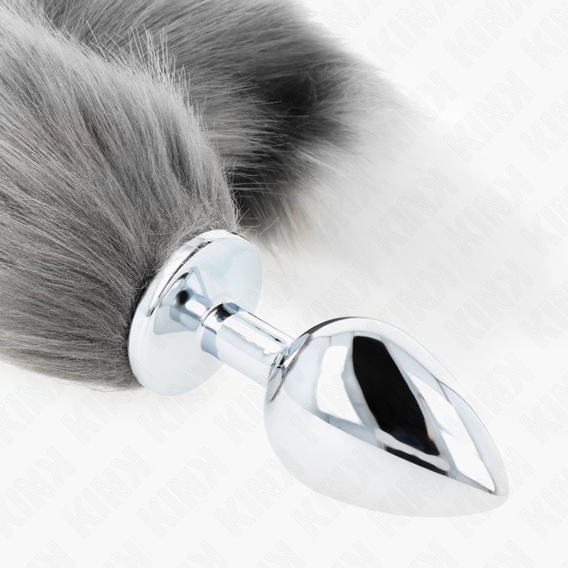 KINK - PLUG ANAL TAILLE L 10 X 4 CM AVEC QUEUE SYNTHÉTIQUE 40 CM ARGENT ET BLANC