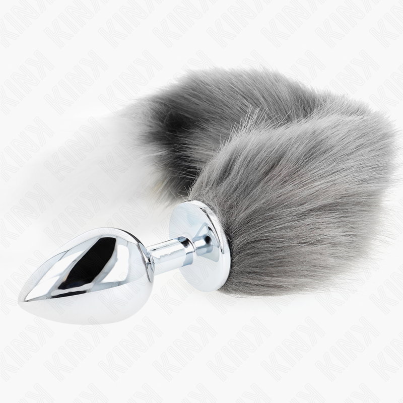 KINK - PLUG ANAL TAILLE L 10 X 4 CM AVEC QUEUE SYNTHÉTIQUE 40 CM ARGENT ET BLANC