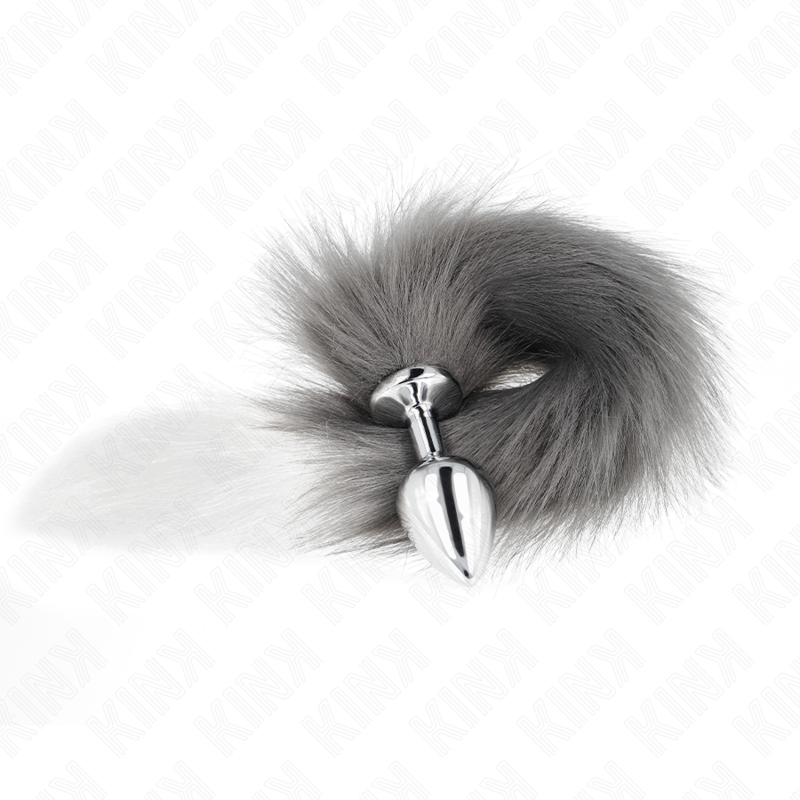 KINK - PLUG ANAL TAILLE M 8 X 3,5 CM AVEC QUEUE SYNTHÉTIQUE 40 CM ARGENTÉ ET BLANC