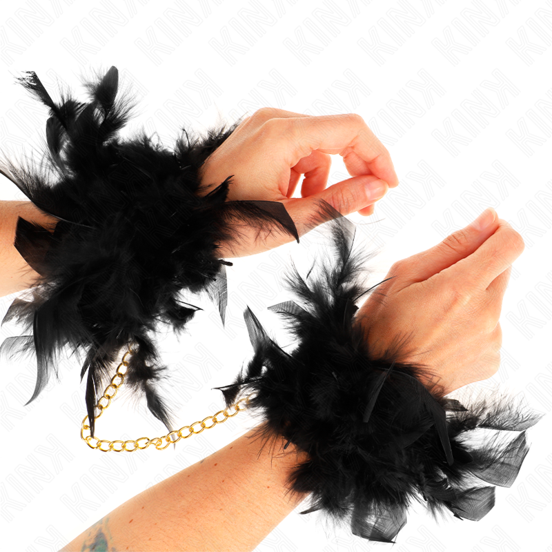 KINK - MENOTTES EN PLUMES NOIRES AVEC CHAÎNE DORÉE MODÈLE 1