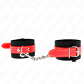 KINK - MENOTTES EN NYLON NOIR AVEC SANGLE EN SIMILI CUIR ROUGE RÉGLABLE 19-24 CM X 5.5 CM