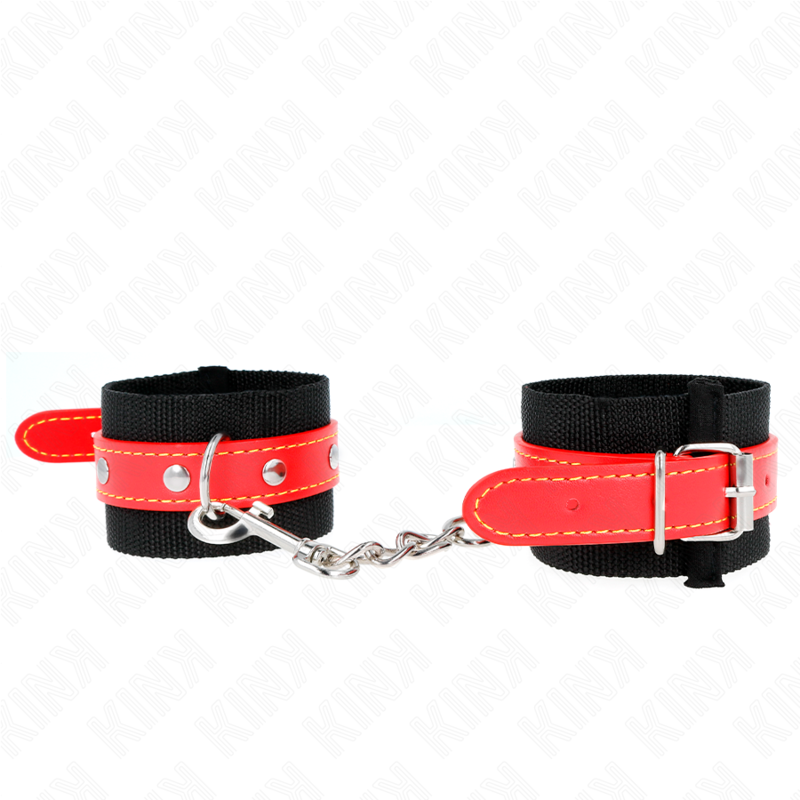 KINK - MENOTTES EN NYLON NOIR AVEC SANGLE EN SIMILI CUIR ROUGE RÉGLABLE 19-24 CM X 5.5 CM