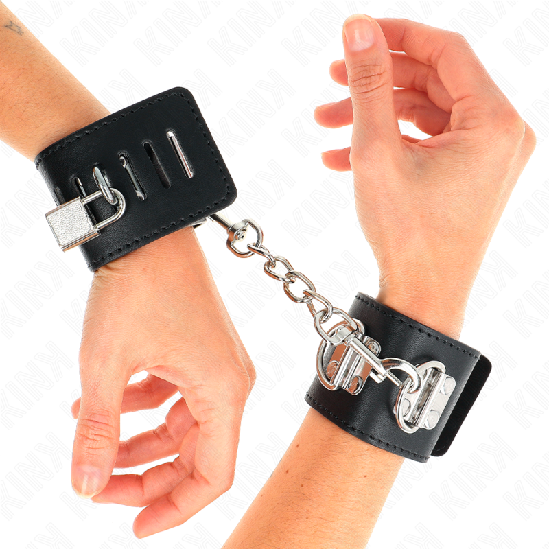 KINK - MENOTTES MULTIPOSITIONS AVEC FERMETURE CADENAS NOIR RÉGLABLES 16-23 CM X 5.5 CM