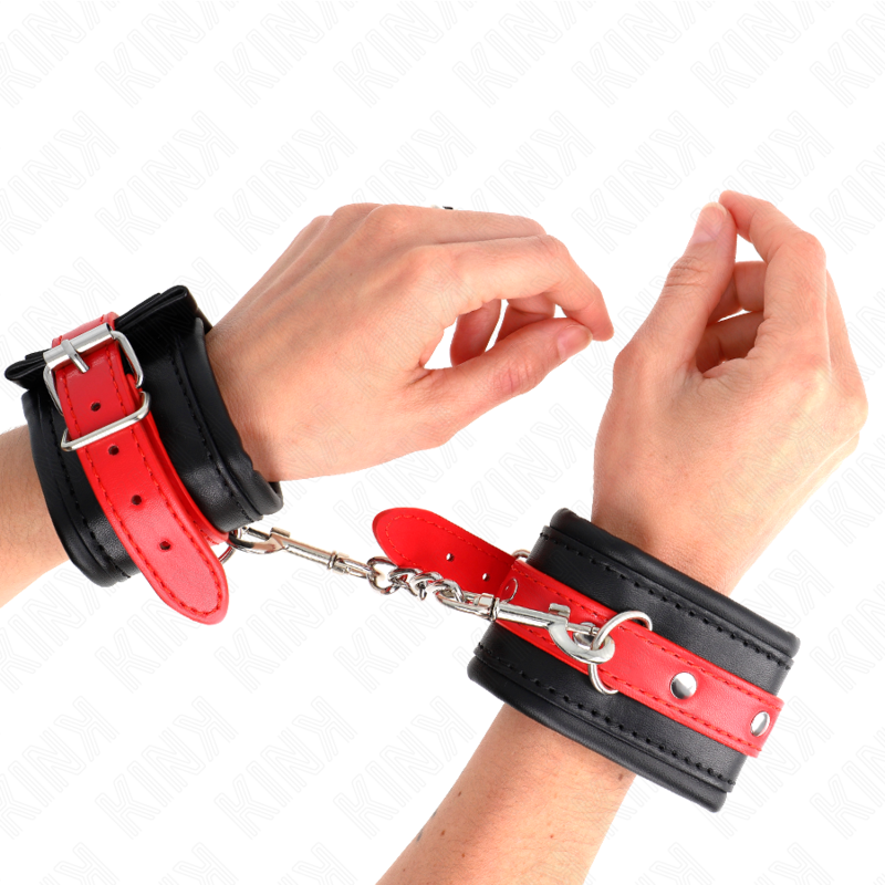 KINK - MENOTTES NOIRES AVEC SANGLE ROUGE AJUSTABLE 17-28 CM X 6 CM