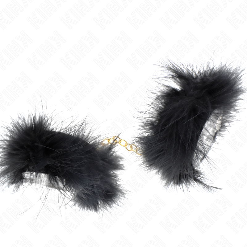 KINK - MENOTTES EN PLUMES NOIRES AVEC CHAÎNE DORÉE MODÈLE 2