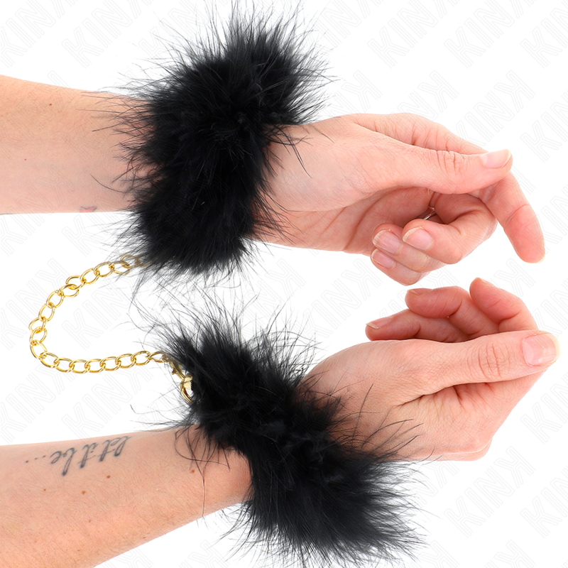 KINK - MENOTTES EN PLUMES NOIRES AVEC CHAÎNE DORÉE MODÈLE 2