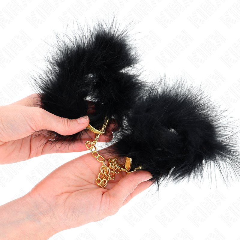 KINK - MENOTTES EN PLUMES NOIRES AVEC CHAÎNE DORÉE MODÈLE 2