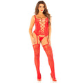 LEG AVENUE - CAMISOLE + STOCKINGS + FISHNET THONG RED ONE SIZE