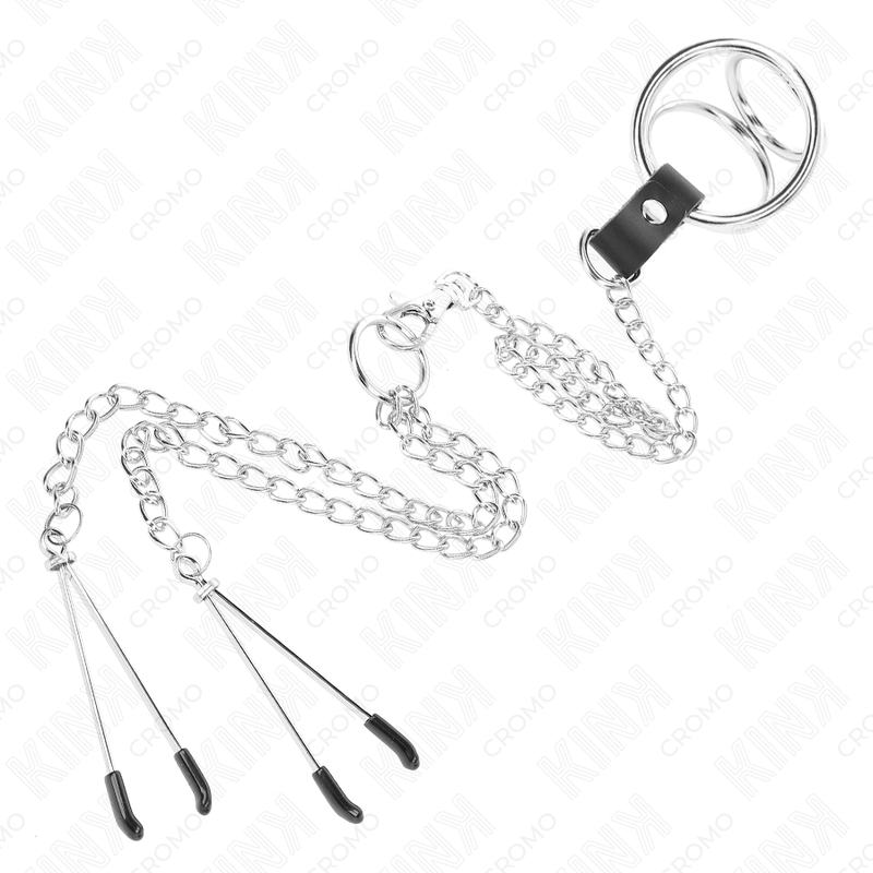 KINK - TRIPLE CHROME-PLATED METAL PENIS RING 3 CM TO 4.5 CM WITH 26 CM METAL CHAIN ​​AND NIPPLE CLIPS
