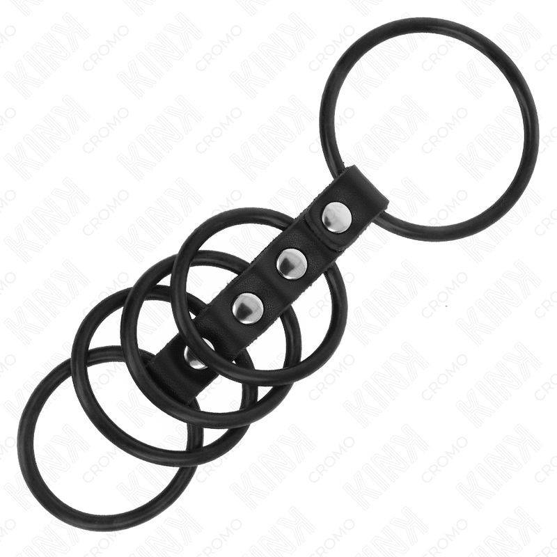 KINK - 5 ANNEAUX DE PÉNIS EN SILICONE DE 3,8 CM À 4,8 CM CONNECTÉS PAR DU CUIR