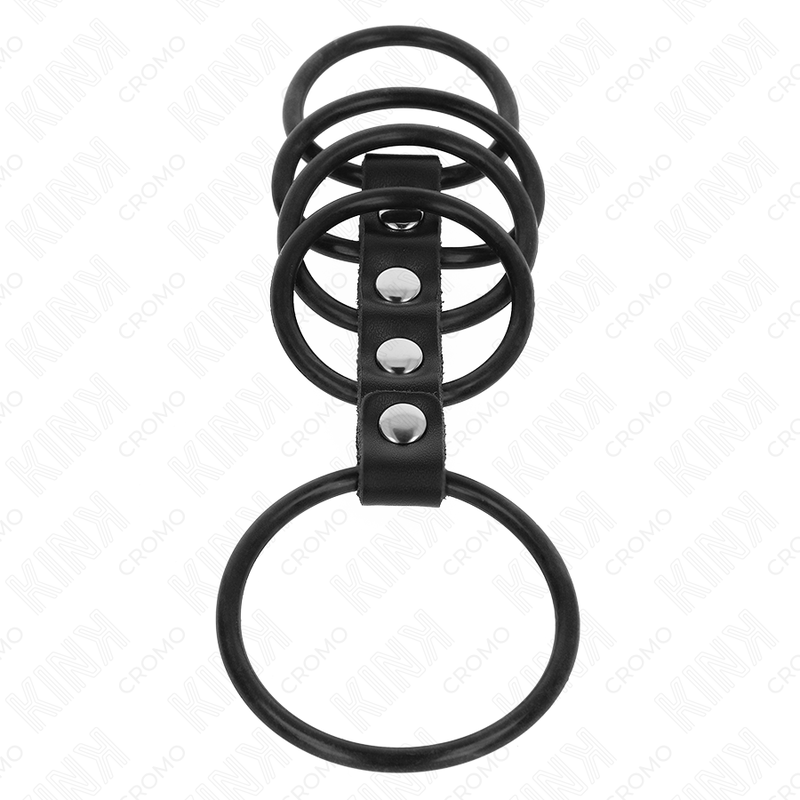 KINK - 5 ANNEAUX DE PÉNIS EN SILICONE DE 3,8 CM À 4,8 CM CONNECTÉS PAR DU CUIR