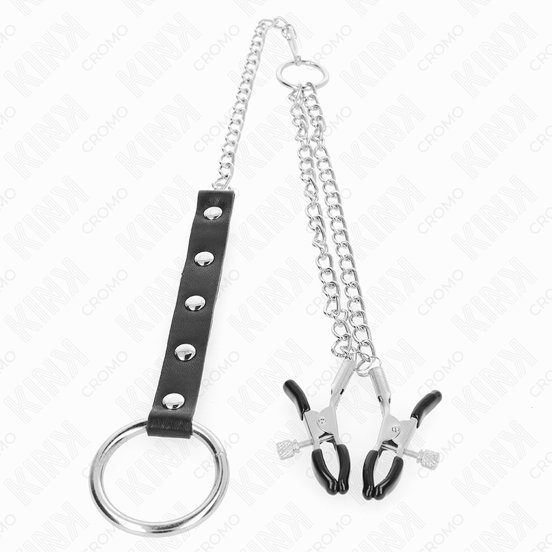 KINK - METAL PENIS RING WITH CHAIN ​​AND ADJUSTABLE NIPPLE CLIPS