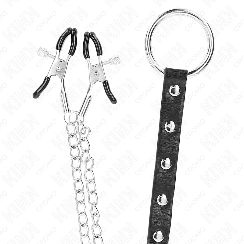 KINK - METAL PENIS RING WITH CHAIN ​​AND ADJUSTABLE NIPPLE CLIPS
