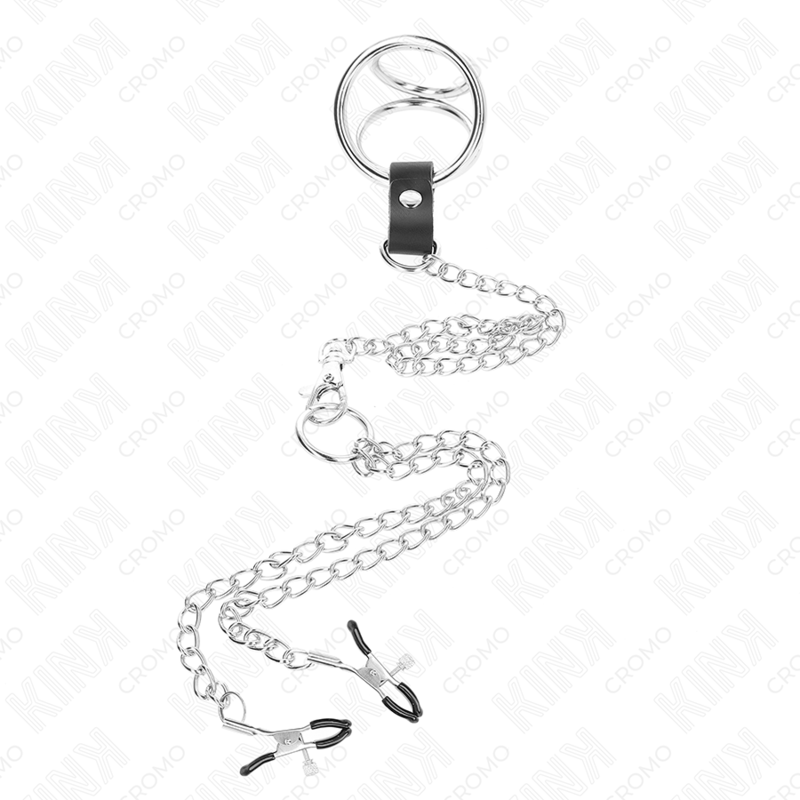 KINK - ANNEAU PÉNIEN TRIPLE EN MÉTAL CHROMÉ 3,8 CM À 5 CM AVEC CHAÎNE EN MÉTAL DE 26 CM ET PINCES À TÉTONS MODÈLE 1