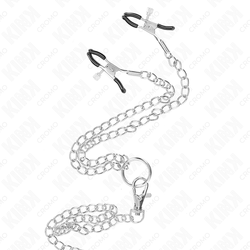 KINK - ANNEAU PÉNIEN TRIPLE EN MÉTAL CHROMÉ 3,8 CM À 5 CM AVEC CHAÎNE EN MÉTAL DE 26 CM ET PINCES À TÉTONS MODÈLE 1