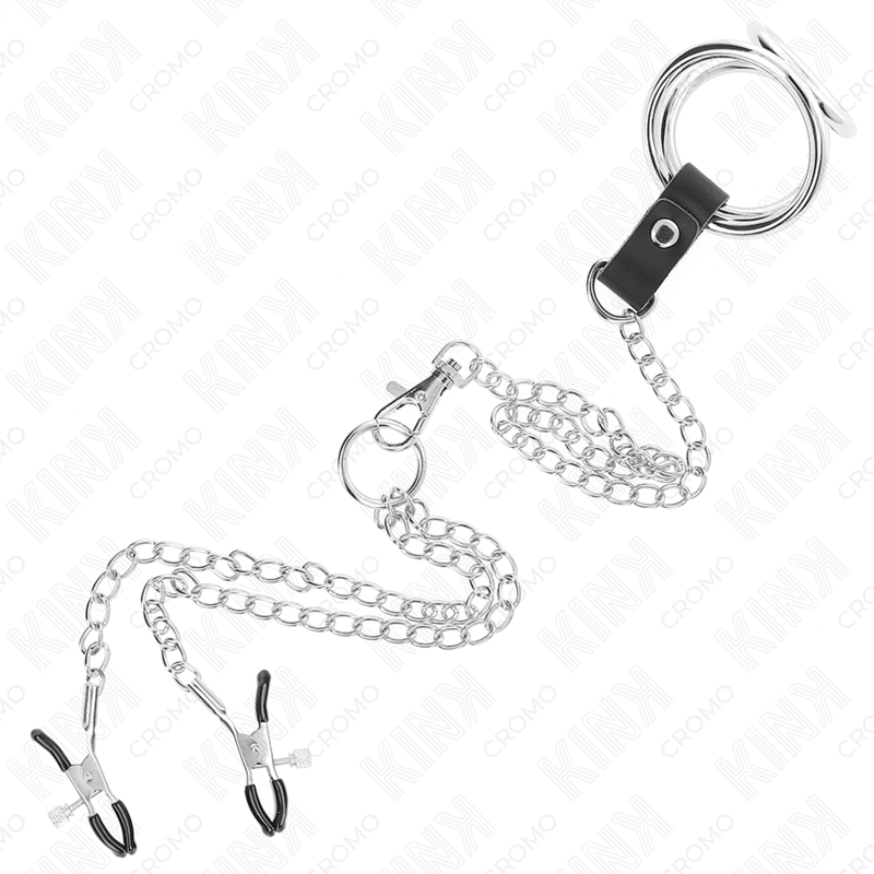 KINK - ANNEAU PÉNIEN TRIPLE EN MÉTAL CHROMÉ 3,8 CM À 5 CM AVEC CHAÎNE EN MÉTAL DE 26 CM ET PINCES À TÉTONS MODÈLE 1