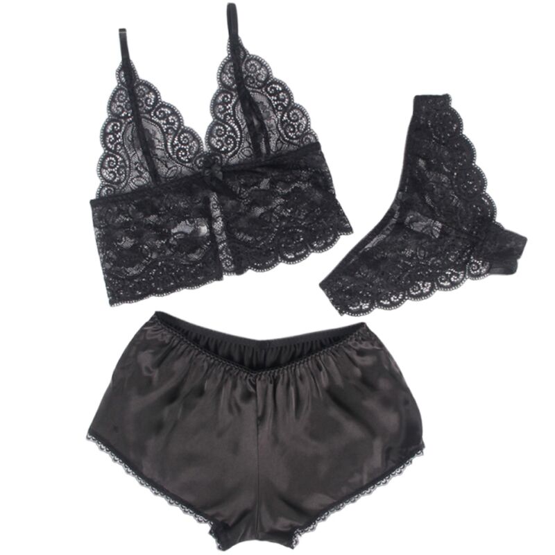 SUBBLIME - 953928 ENSEMBLE 3 PIÈCES DENTELLE ET SATIN NOIR L/XL